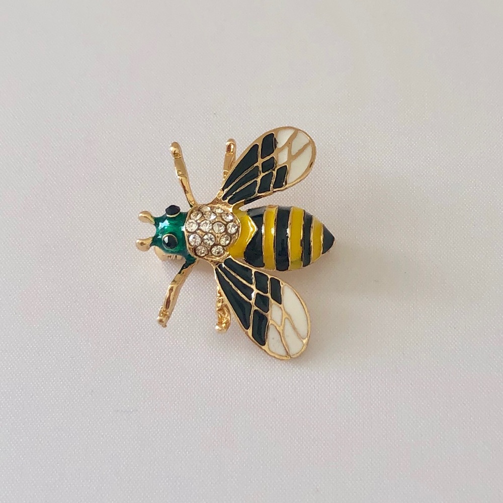 Honey Bee Yellow Black White Brooch Pin